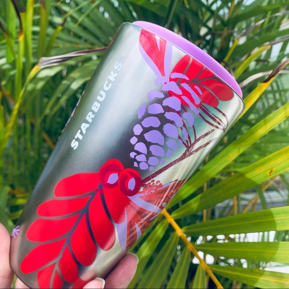 Starbucks New Holiday Ceramic Cup Silver & Red Holly Pinecone Hot Tumbler New - Picture 1 of 12